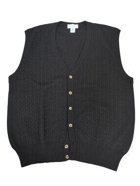 Tricots St. Raphael Sweater Vest, Button Up, Pure Merino Wool, Black, Men's XL